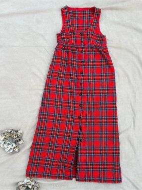 ❤Custom Made Red Plaid Button-Front Empire Waist Maxi Dress - M